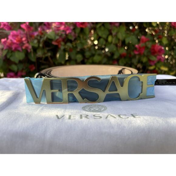 Versace Spell Out Buckle Leather Belt Black Sz 95 38 main image 8